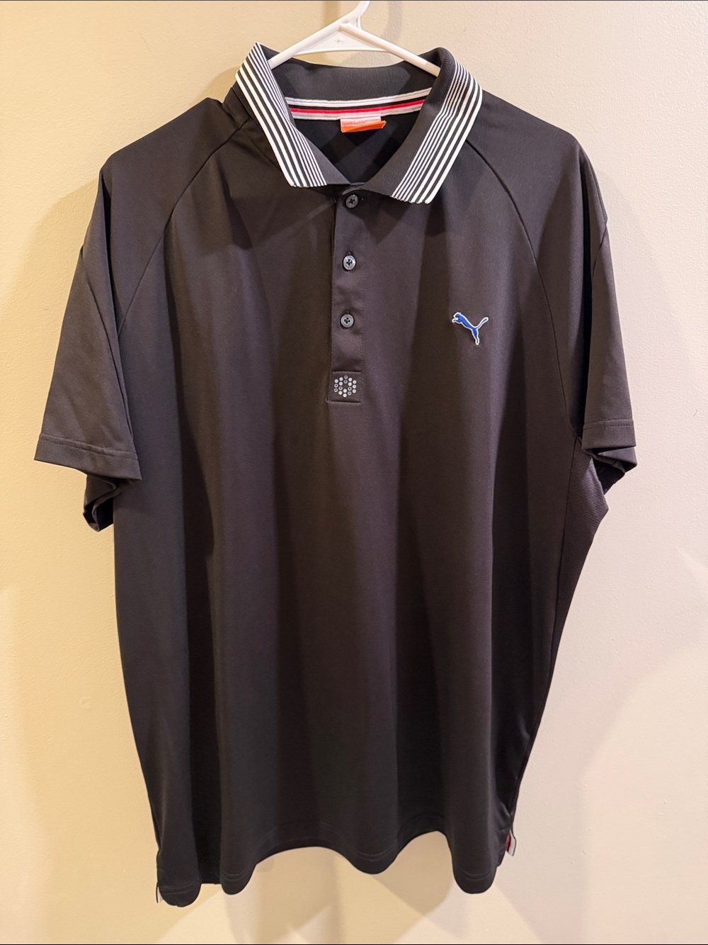 Puma Men’s Black Polo with Striped Collar and Blue Logo